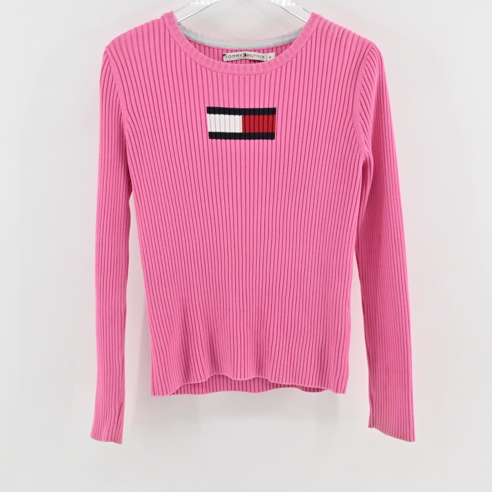 Vtg Tommy Hilfiger Womens Sweater Size M Y2k Flag Logo Pink Ribbed Knit Jumper